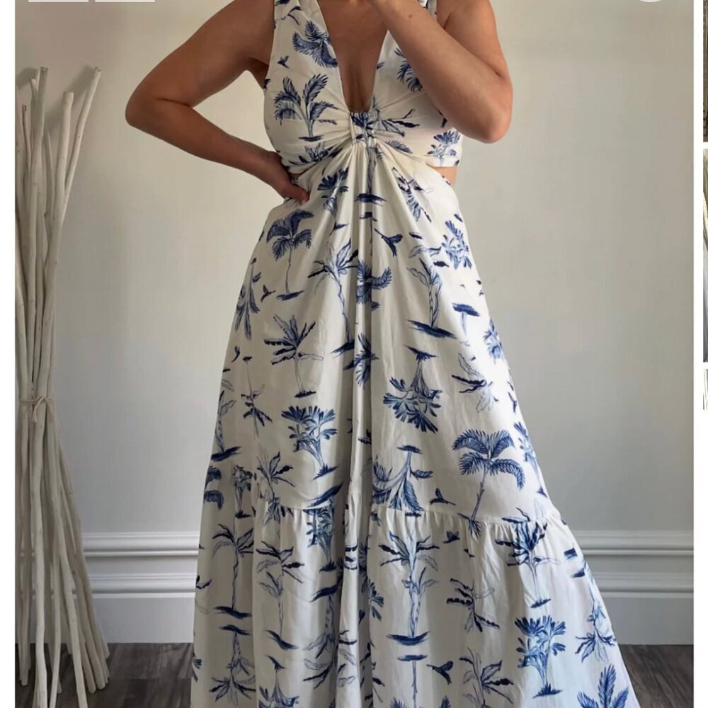 GAROTA Boutique Blue White Palm Tree Cutout Oasis Botanico Midi Maxi Dress M